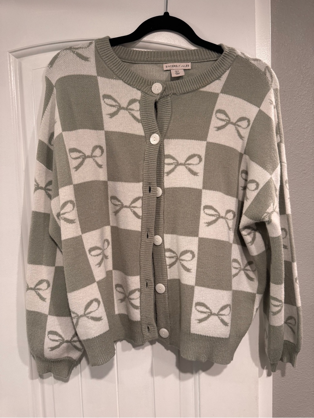 Sincerly Jules Sage Green & Cream Bow-Check Cardigan